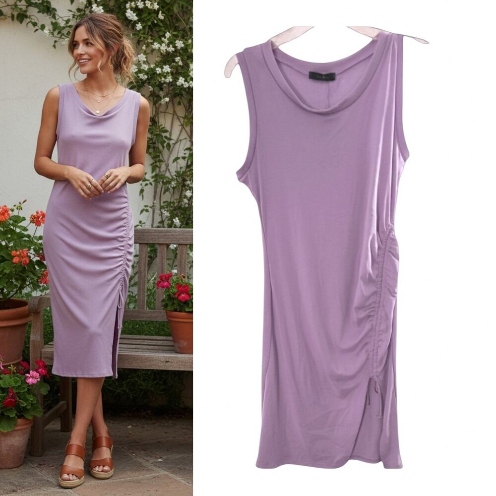 21 Saints Ribbed Bodycon Stretch Knit Midi Dress XL Purple Ruched Sleeveless NWT